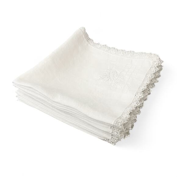 Vintage White Napkins Set 12 Cotton Blend Embroidered Floral Design Crochet Trim - Picture 7 of 10